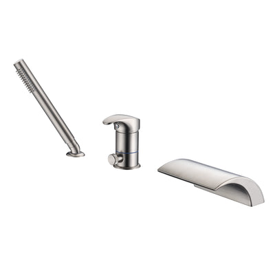 Grifo para bañera romana con montaje en cubierta de 3 orificios de un solo Hanle con ducha de mano de níquel cepillado