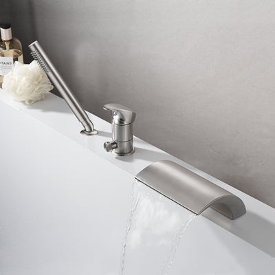 Grifo para bañera romana con montaje en cubierta de 3 orificios de un solo Hanle con ducha de mano de níquel cepillado