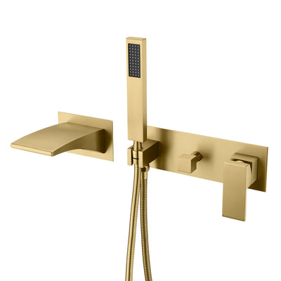 Grifo para bañera de montaje en pared de oro cepillado con ducha de mano, caño en cascada con rociador y válvula