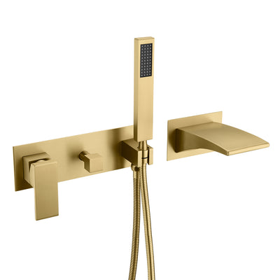 sumerain Grifo para bañera de montaje en pared con ducha de mano, grifo para bañera en cascada, oro cepillado, grifo para zurdos