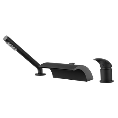Grifo para bañera romano negro con ducha de mano, caño en cascada de alto flujo con desviador, montaje en cubierta