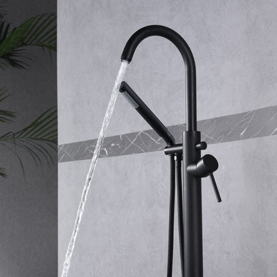 Sumerain Grifo de bañera independiente Llenador de bañera montado en el piso negro mate con ducha de mano, alto caudal