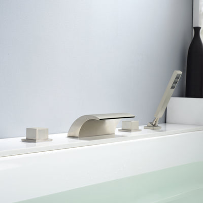 Grifo para bañera de alto flujo de níquel cepillado con rociador, caño para bañera en cascada con desviador