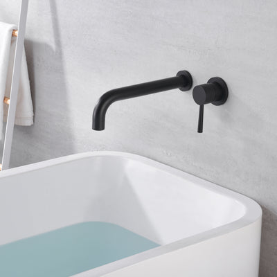 Grifo para bañera negro mate con montaje en pared de una sola manija con caño extralargo y válvula empotrada