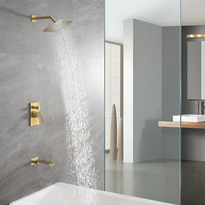Grifo de ducha para bañera de oro cepillado con caño en cascada y válvula de equilibrio de presión