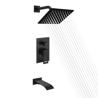 Juego de grifería para bañera y ducha, color negro, con caño en cascada y válvula antiescaldadura