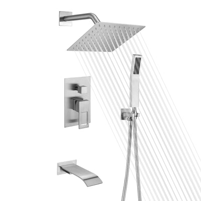 Sistema de ducha con bañera de níquel cepillado, grifo combinado con boquilla en cascada y válvula de equilibrio de presión