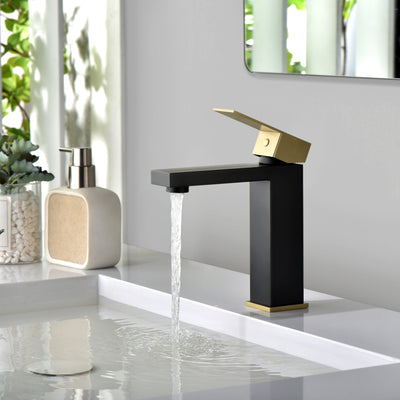 sumerain Grifo para lavabo de baño, grifo de baño negro y dorado, acero inoxidable 304, manija única, orificio único